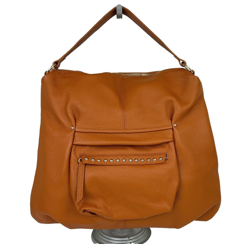 LAGGO Joyce Leather Hobo Bag Studded Shoulder Bag Slouchy Orange Tan Brown Boho